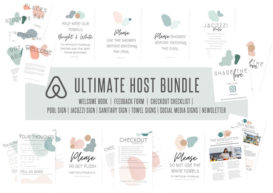 The Ultimate Airbnb Host Bundle Template made in Canva | Superhost Welcome Guidebook includes Essential House signs, Pebbles