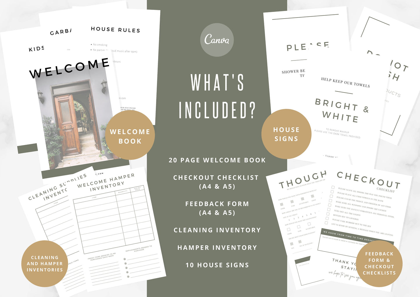 The Ultimate Airbnb Host Bundle Template, Welcome Guidebook for guests, Essential House signs & Cleaning Checklists, Moss Green