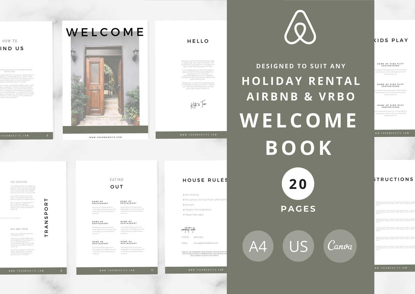 The Ultimate Airbnb Host Bundle Template, Welcome Guidebook for guests, Essential House signs & Cleaning Checklists, Moss Green