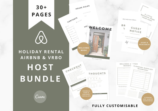 The Ultimate Airbnb Host Bundle Template, Welcome Guidebook for guests, Essential House signs & Cleaning Checklists, Moss Green