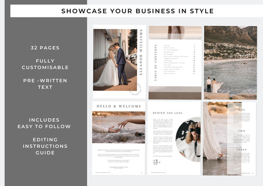 Wedding Photography Portfolio Template – Easily Customisable to suit your branding, Editable Client Brochure with pricing pages