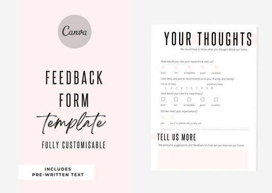 Feedback Form Guest | Canva Template | AirBnb | Host | VRBO | Feedback Form | Home Rental | Vacation Template | Feedback | Cotton Pink