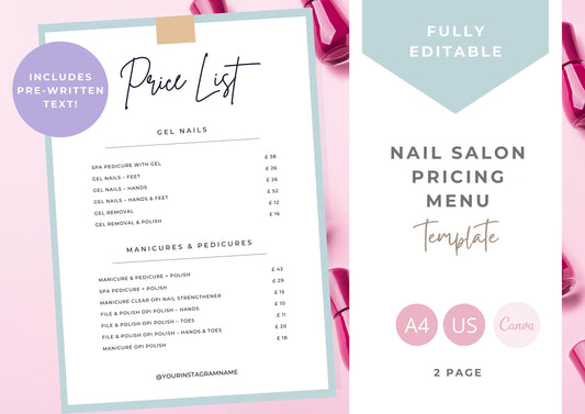 Nail Salon Services Pricing Menu | Pricing Guide | Nail Salon Template | Brochure Template | Business Template | Baby blue