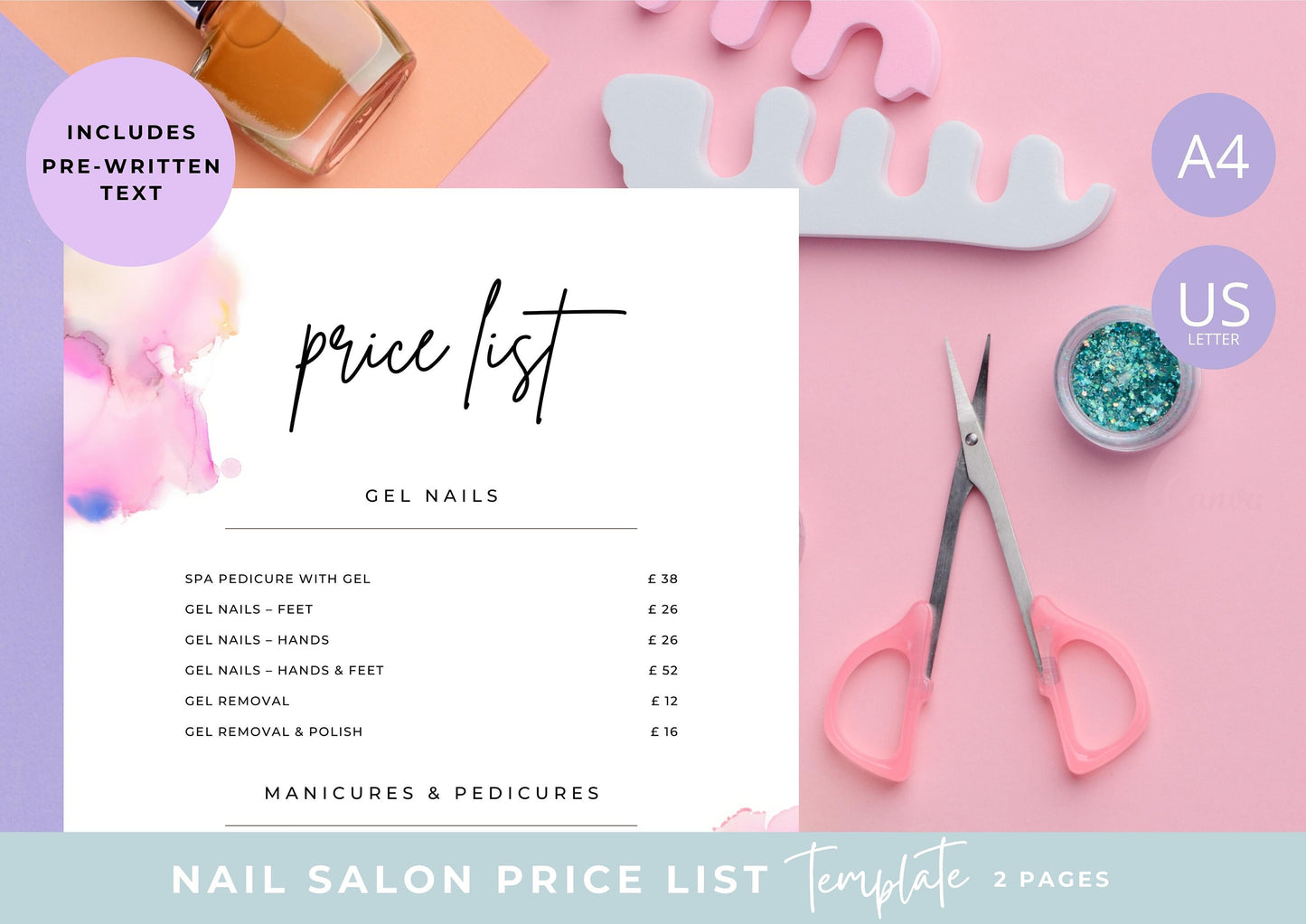 Nail Salon Services Pricing Menu | Pricing Guide | Nail Salon Template | Brochure Template | Business Template | Pretty Petals