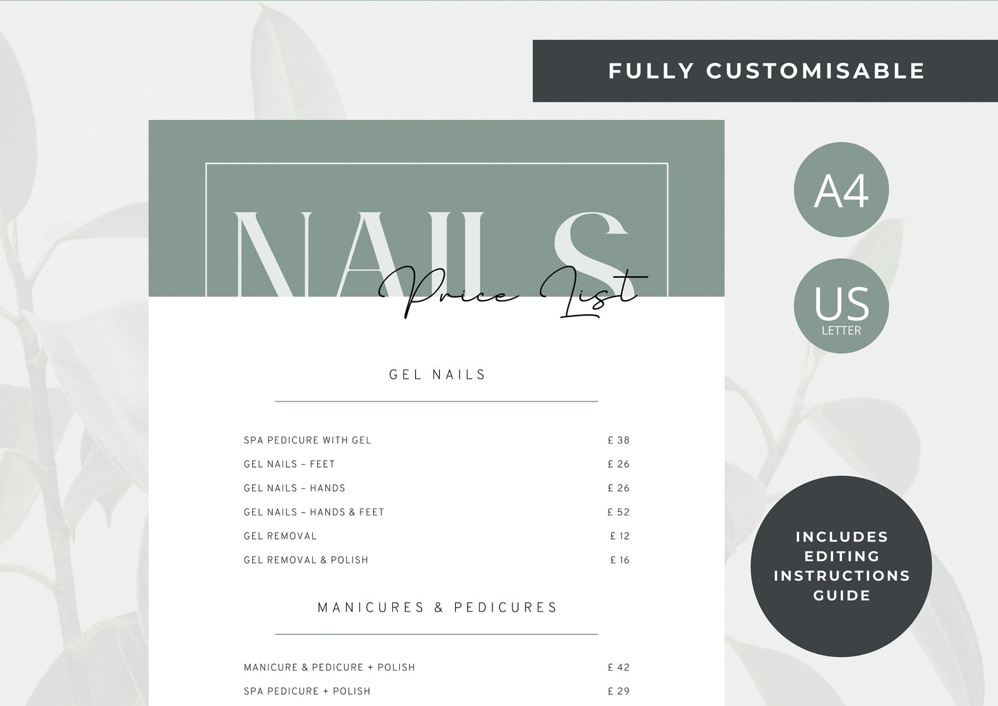 Nail Salon Services Pricing Menu | Pricing Guide | Nail Salon Template | Brochure Template | Business Template | Sage Pine