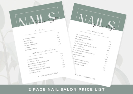 Nail Salon Services Pricing Menu | Pricing Guide | Nail Salon Template | Brochure Template | Business Template | Sage Pine