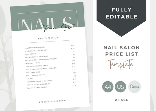 Nail Salon Services Pricing Menu | Pricing Guide | Nail Salon Template | Brochure Template | Business Template | Sage Pine