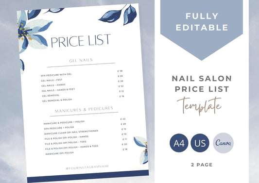 Nail Salon Services Pricing Menu | Pricing Guide | Nail Salon Template | Brochure Template | Business Template | Indigo Leaves