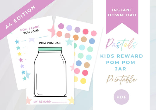 Kids Reward Pom Pom Jar printable , Cute Reward printable , Kids Reward Chart Printable INSTANT DOWNLOAD, Toddlers Reward Chart, A4, Pastel