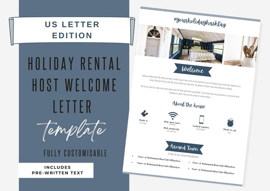 Welcome Letter | Canva Template | AirBnb | Host Guide | Airbnb Host Welcome Letter | Home Rental | Vacation | VRBO | US Letter | Lapis Blue