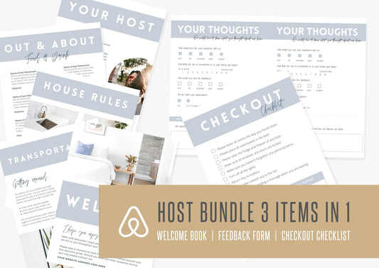 Host Bundle | Welcome Book | Checklist | Feedback Form | Welcome Guide |  VRBO | Guest Book Template |AirBnb | Vacation Rental | Misty Grey