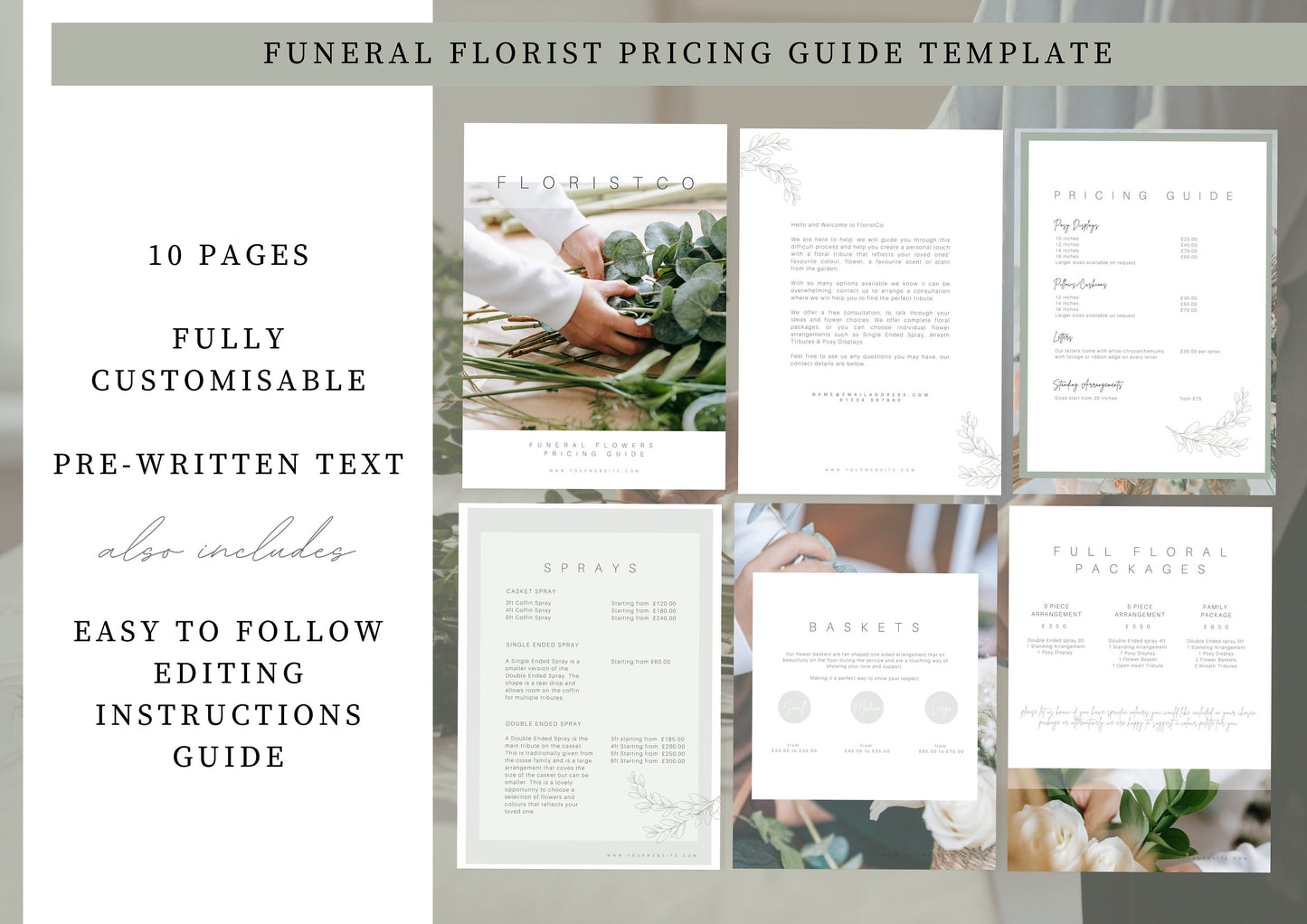 Funeral Florist Pricing Guide  -  Welcome guide - Template for Florists - Florist Templates - Guide - Florist Brochure - Eucalyptus