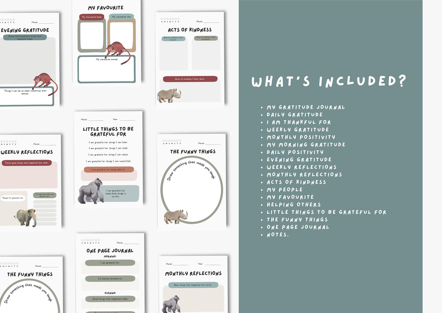 Gratitude Journal for kids, Positivity and Mindfulness Planner, Printable Journal, Wild Animals