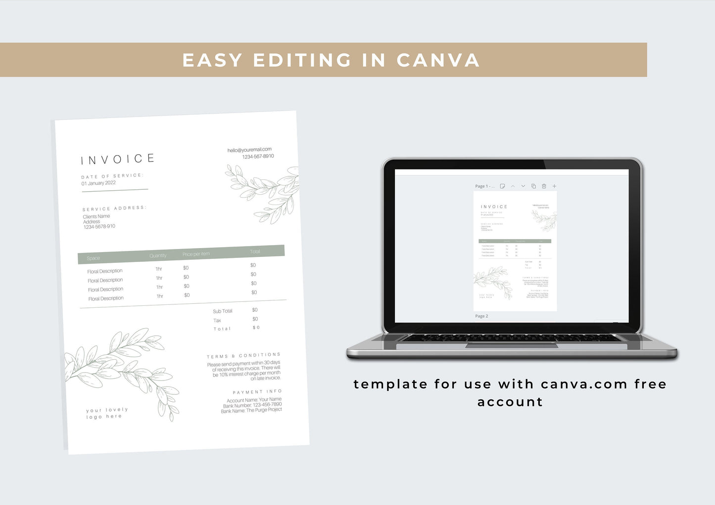 Florist Invoice Template | Services Invoice | Fully Editable | Instant Download | Printable | Modern Invoice | Willow Sage