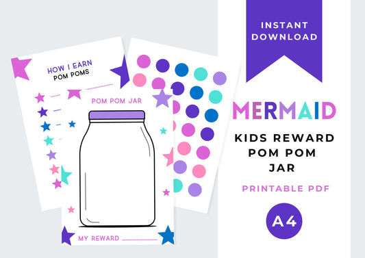 Kids Reward Pom Pom Jar printable , Cute Reward printable , Kids Reward Chart Printable INSTANT DOWNLOAD, Toddlers Reward Chart, A4, Mermaid