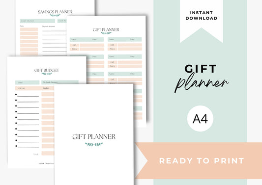 Gift Planner Printable, A4, Gift Budgeting, Gift Tracker, Gift List Printable Instant Download, Peachy Mint