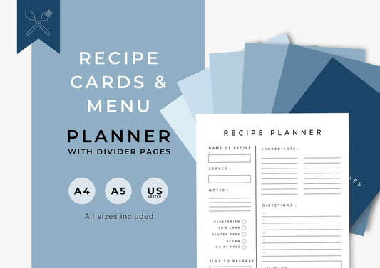 Recipe Cards and Menu Planner, Family Recipe Planner, instant download, Blue Shores