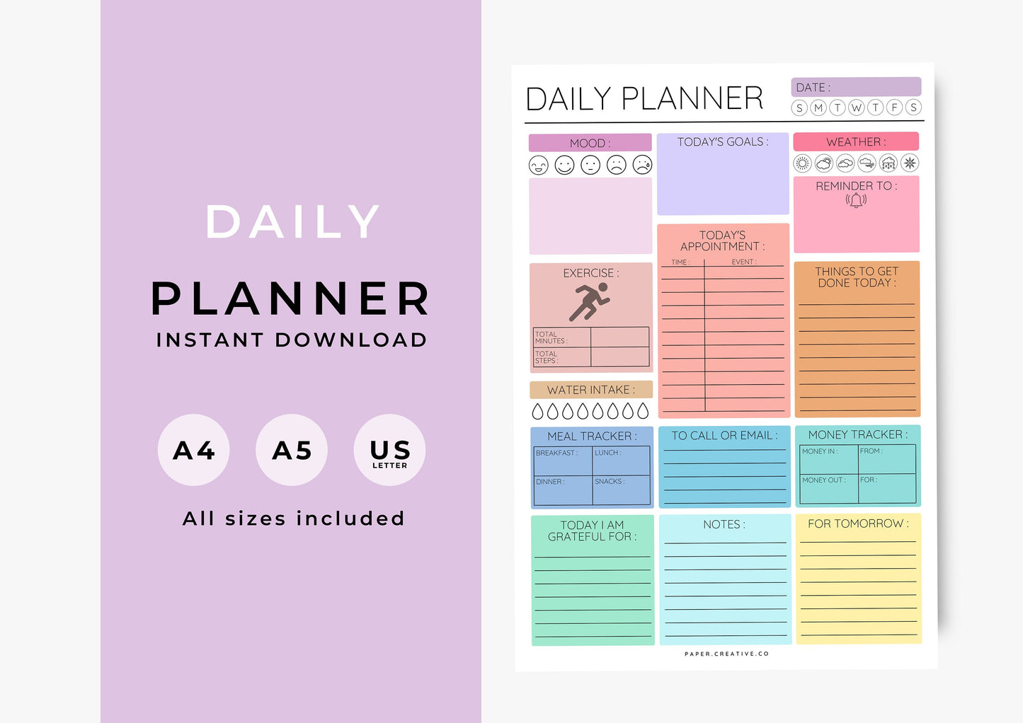 Daily Planner, Daily To Do List for Work and Home, Productivity Planner, Undated Planner, Three sizes included A5 A4 and US Letter