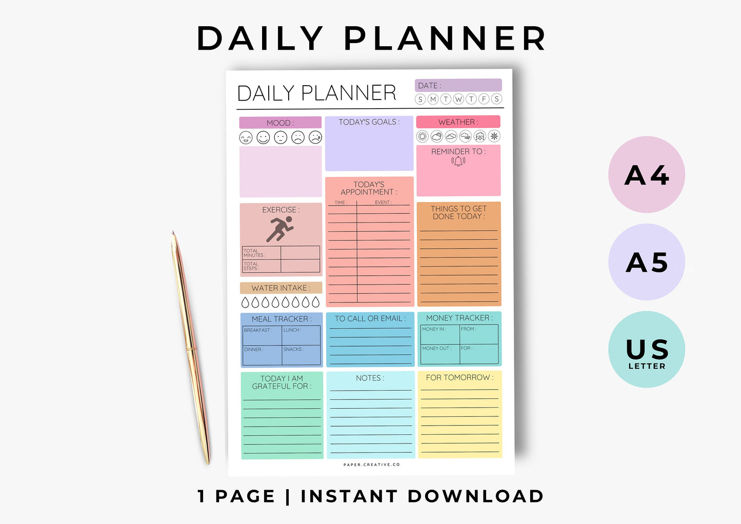 Daily Planner, Daily To Do List for Work and Home, Productivity Planner, Undated Planner, Three sizes included A5 A4 and US Letter