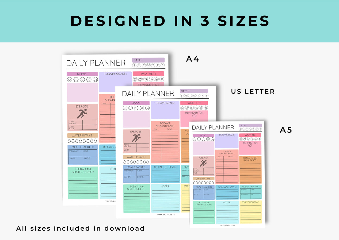 Daily Planner, Daily To Do List for Work and Home, Productivity Planner, Undated Planner, Three sizes included A5 A4 and US Letter