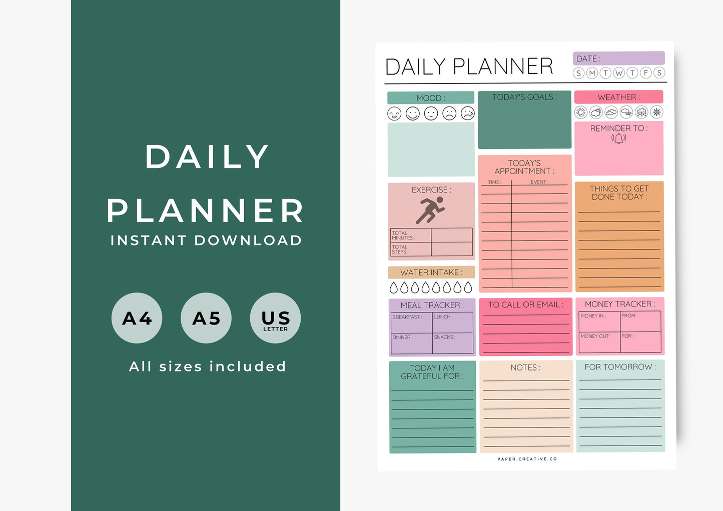 Daily Planner, Daily To Do List for Work and Home, Productivity Planner, Undated Planner, Three sizes A5 A4 and US Letter Bright Sunshine