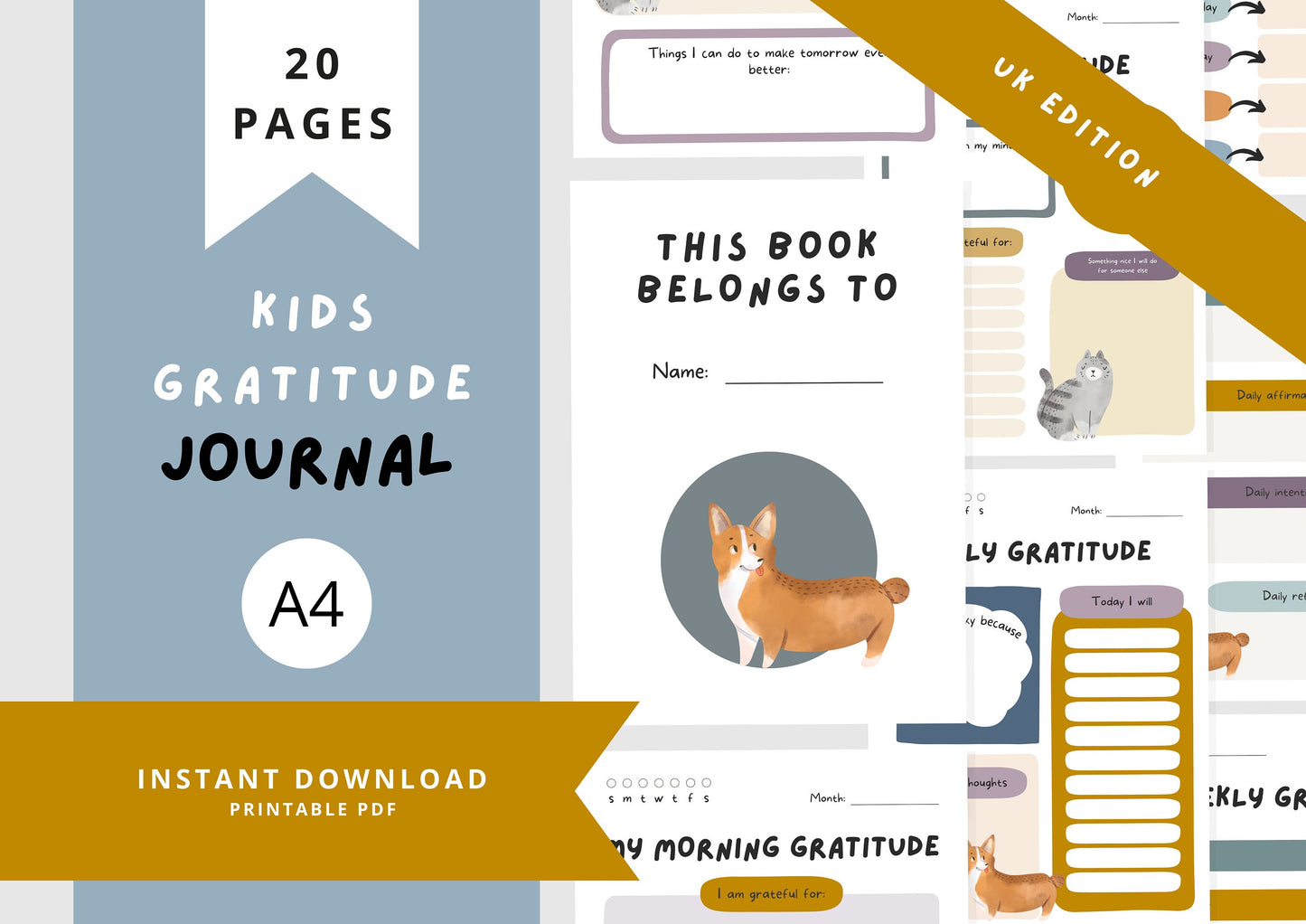 Gratitude Journal for kids, Positivity and Mindfulness Planner, Printable Journal, A4 Cats and Dogs