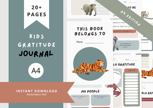 Gratitude Journal for kids, Positivity and Mindfulness Planner, Printable Journal, A4 Wild Animals