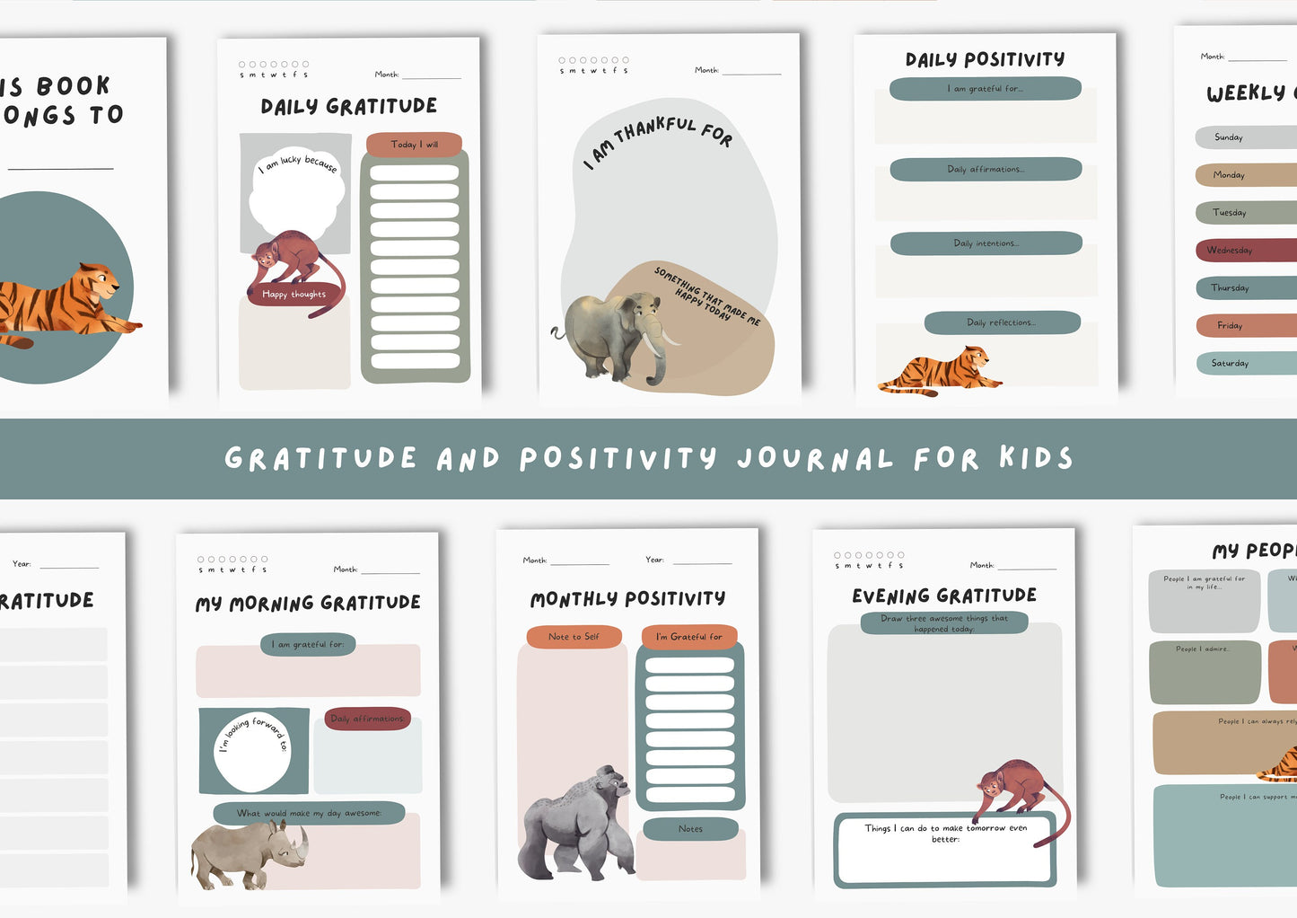 Gratitude Journal for kids, Positivity and Mindfulness Planner, Printable Journal, Wild Animals