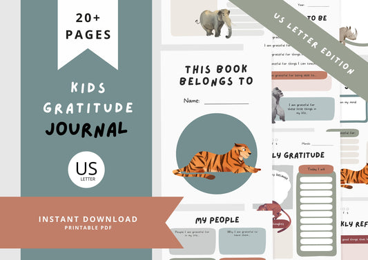 Gratitude Journal for kids, Positivity and Mindfulness Planner, Printable Journal, Wild Animals