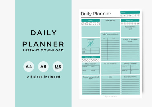 Daily Planner, Daily To Do List for Work and Home, Productivity Planner, Undated Planner, Three sizes included A5 A4 and US Letter Teal