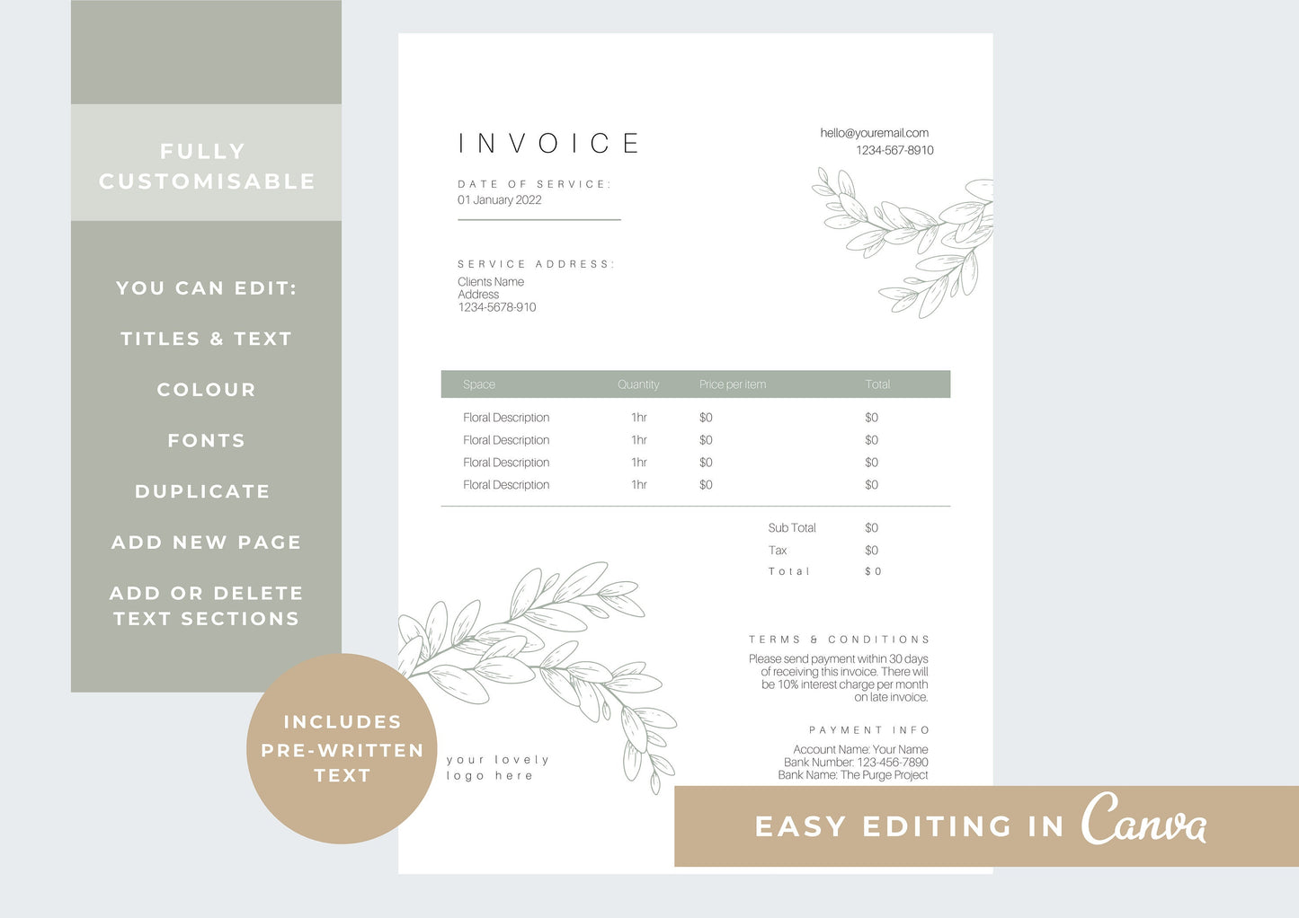 Florist Invoice Template | Services Invoice | Fully Editable | Instant Download | Printable | Modern Invoice | Willow Sage