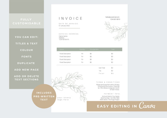 Florist Invoice Template | Services Invoice | Fully Editable | Instant Download | Printable | Modern Invoice | Willow Sage