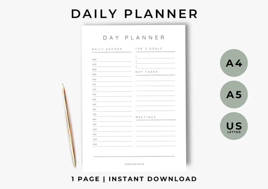 Day Planner, Daily To Do List for Work and Home, Productivity planning, Undated Planner, Three sizes A5 A4 and US Letter Modern Minimal