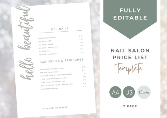 Nail Salon Services Pricing Menu | Pricing Guide | Nail Salon Template | Brochure Template | Business Template | Hello Beautiful