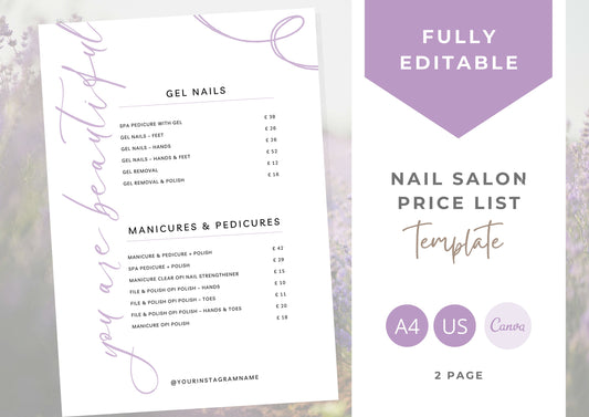 Nail Salon Services Pricing Menu | Pricing Guide | Nail Salon Template | Brochure Template | Business Template | Purple Swirls