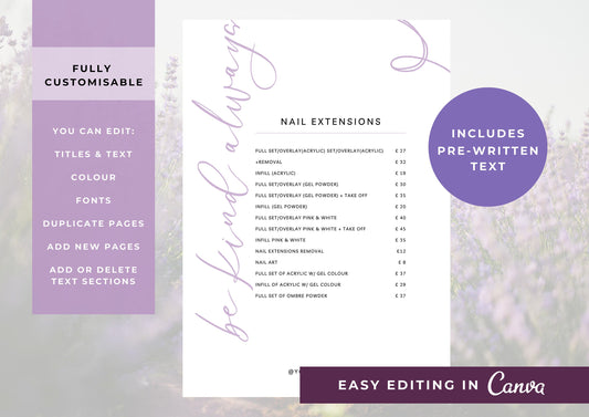 Nail Salon Services Pricing Menu | Pricing Guide | Nail Salon Template | Brochure Template | Business Template | Purple Swirls