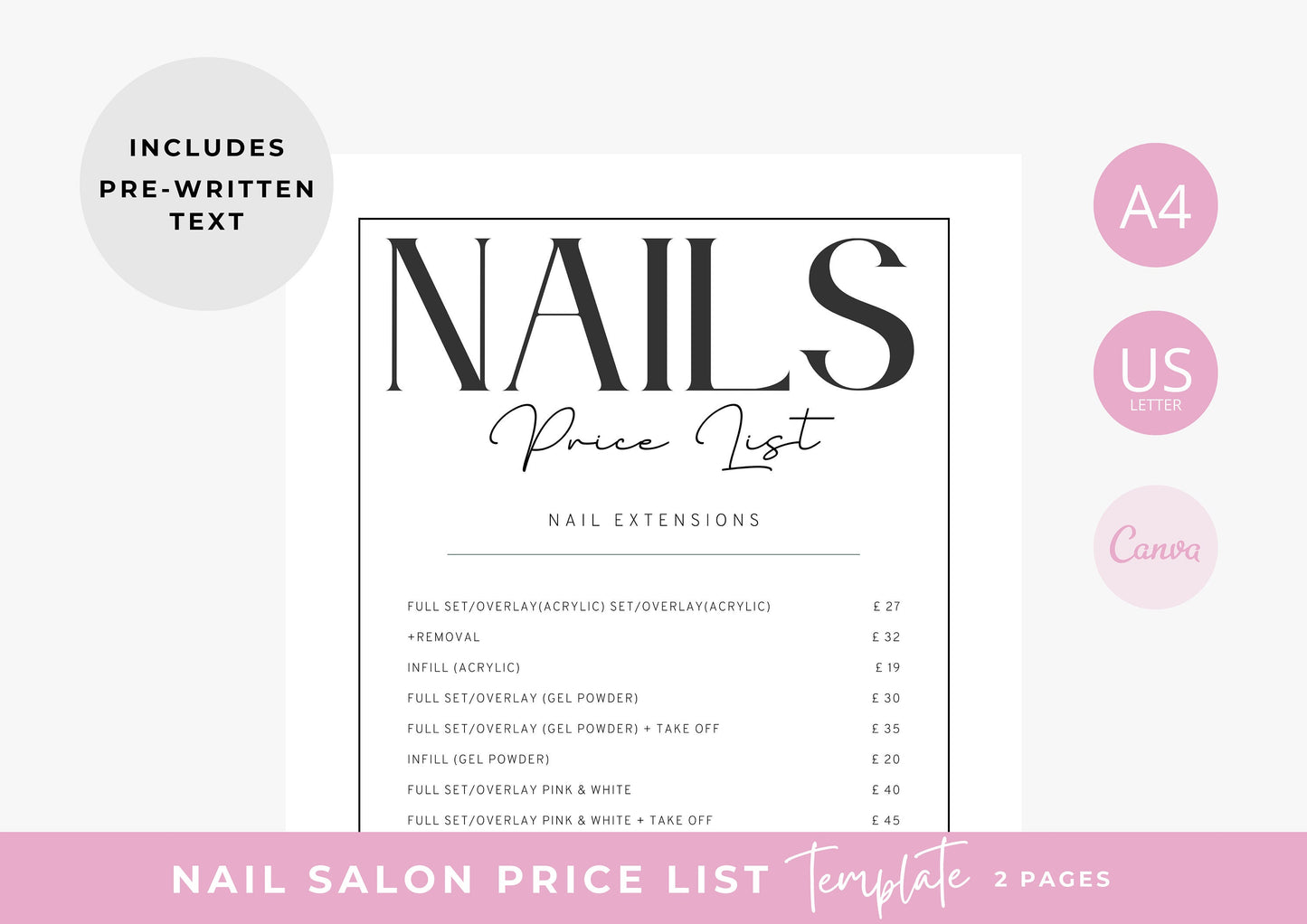 Nail Salon Services Pricing Menu | Pricing Guide | Nail Salon Template | Brochure Template | Business Template | Pebble