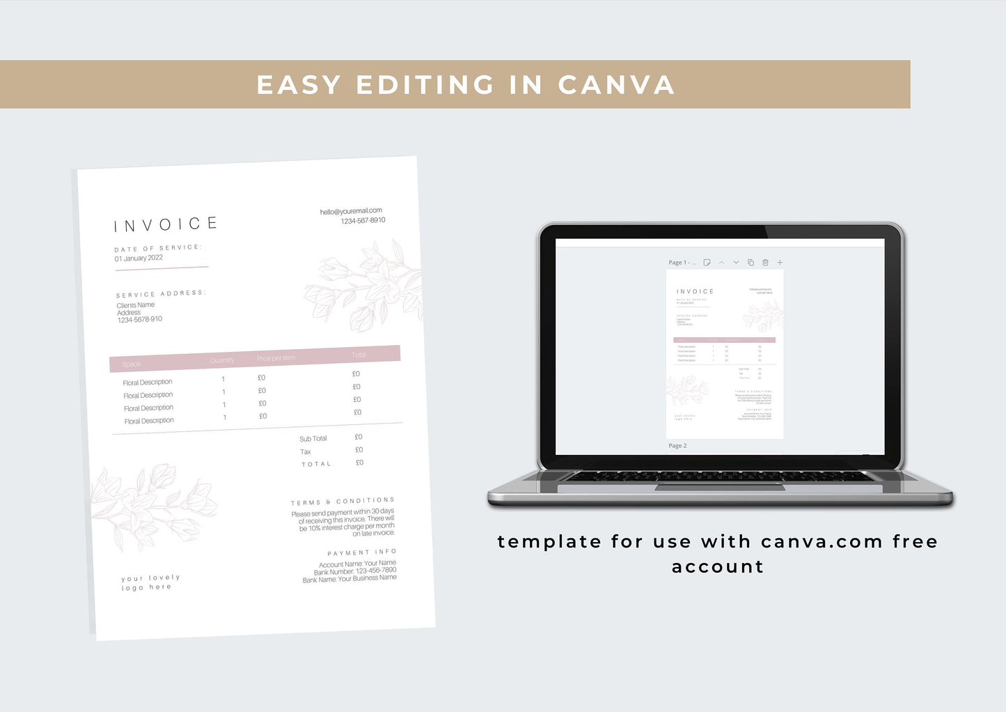 Florist Invoice Template | Services Invoice | Fully Editable | Instant Download | A4 | Printable | Digital Download | Minimal | Rosebliss