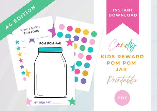 Kids Reward Pom Pom Jar printable , Cute Reward printable , Kids Reward Chart Printable INSTANT DOWNLOAD, Toddlers, A4, Reward Chart, Candy