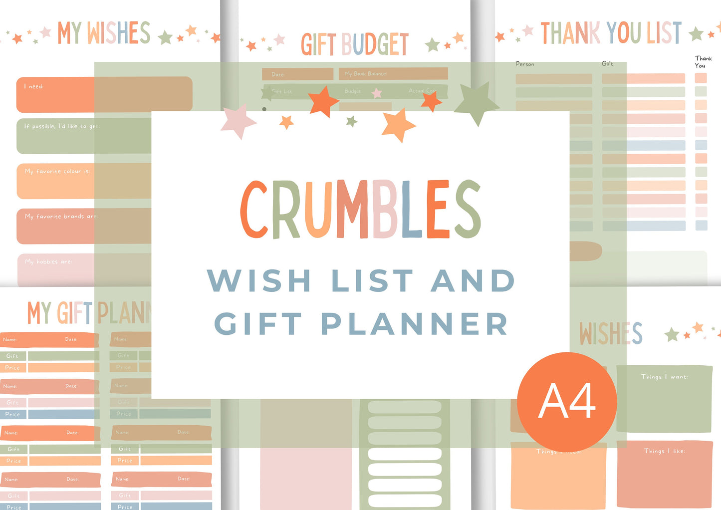 Wish List and Gift Planner, Gift Budget Planner Instant Download Crumbles A4