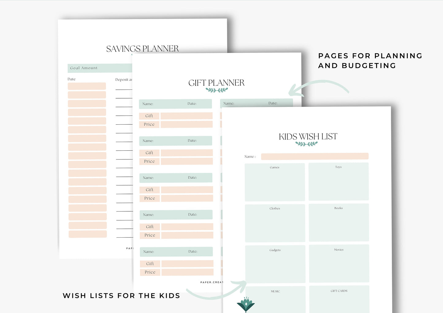 Gift Planner Printable, Gift Budgeting, Gift Tracker, Gift List Printable Instant Download, Peachy Mint