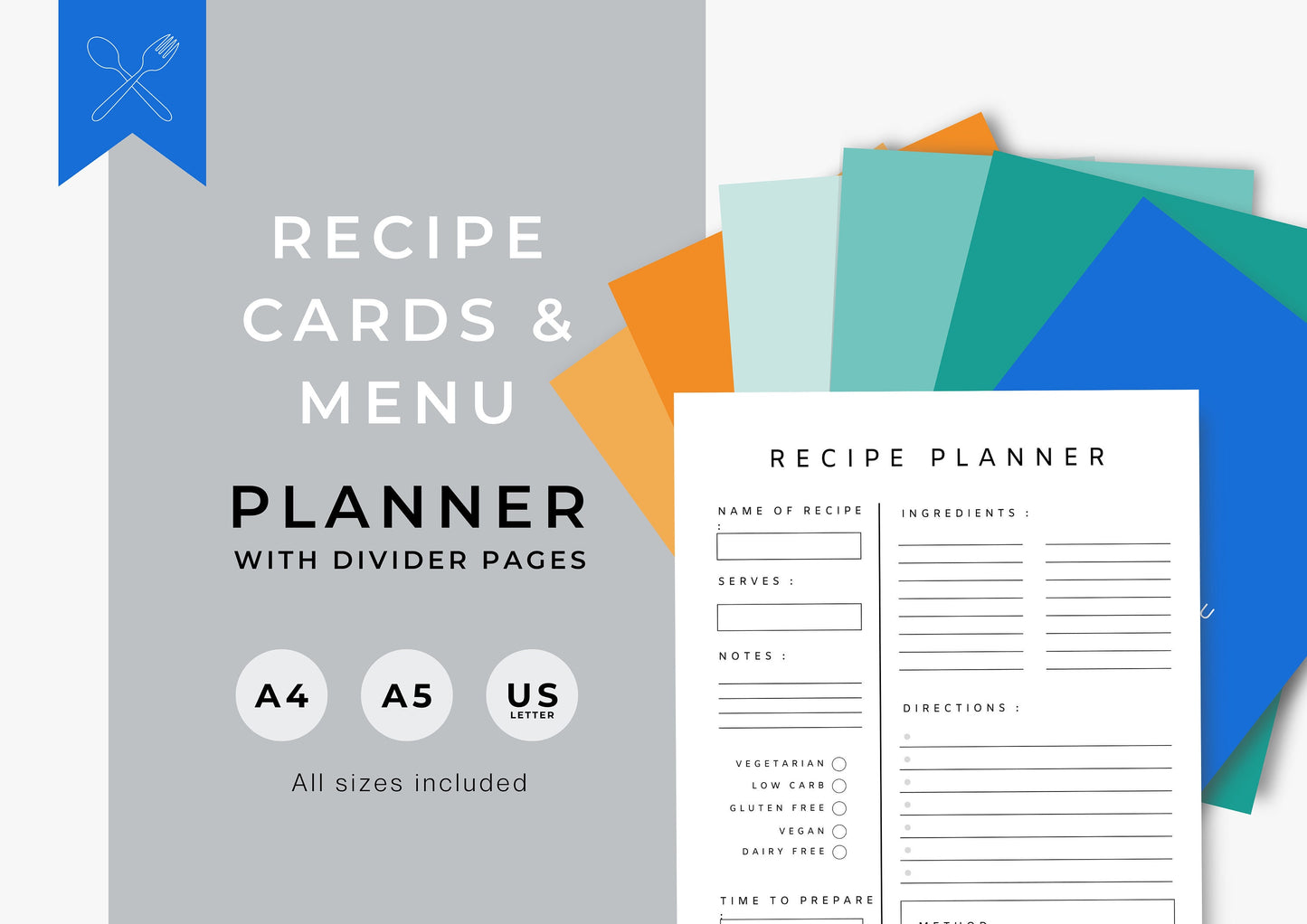 Recipe Cards and Menu Planner, Family Recipe Planner, instant download Bright and Bold