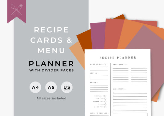 Recipe Cards and Menu Planner, Family Recipe Planner, instant download, Sunset Hue