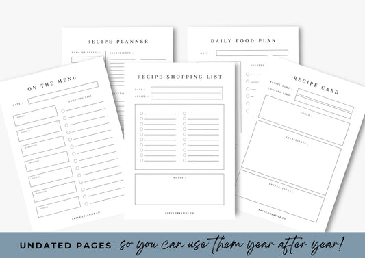 Recipe Cards and Menu Planner, Family Recipe Planner, instant download, Hazy Days