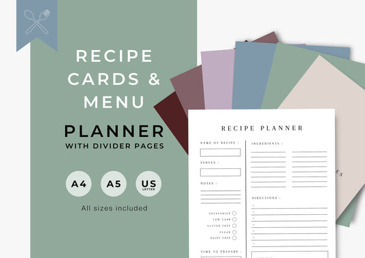 Recipe Cards and Menu Planner, Family Recipe Planner, instant download, Hazy Days