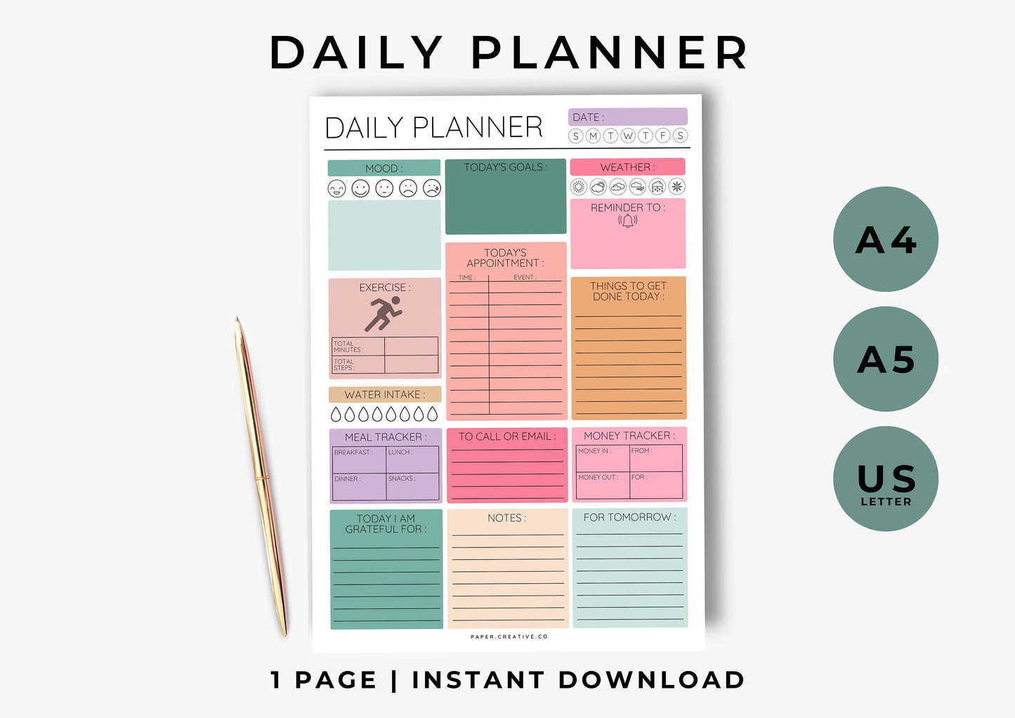 Daily Planner, Daily To Do List for Work and Home, Productivity Planner, Undated Planner, Three sizes A5 A4 and US Letter Bright Sunshine