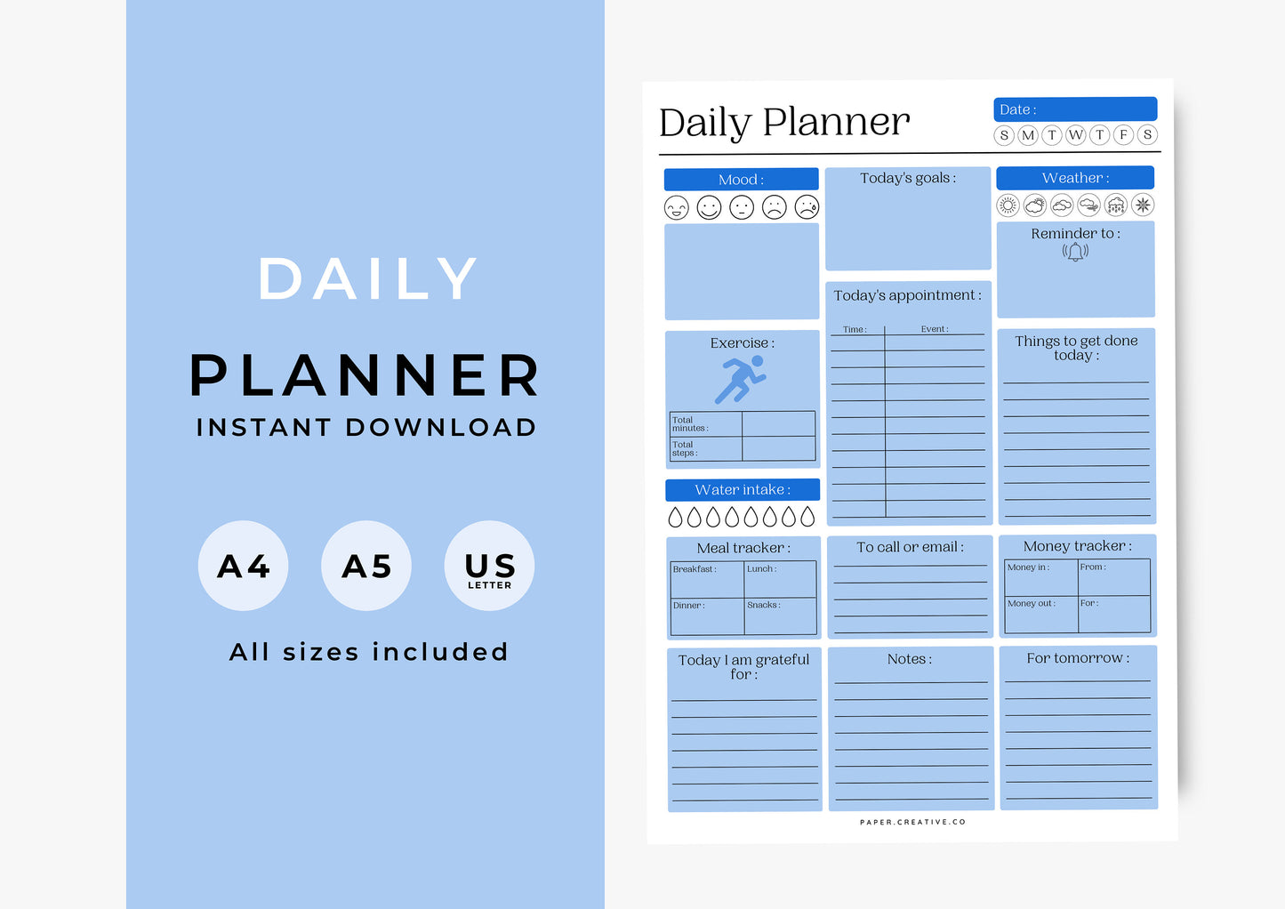 Daily Planner, Daily To Do List for Work and Home, Productivity Planner, Undated Planner, Three sizes A5 A4 and US Letter Carolina Blue