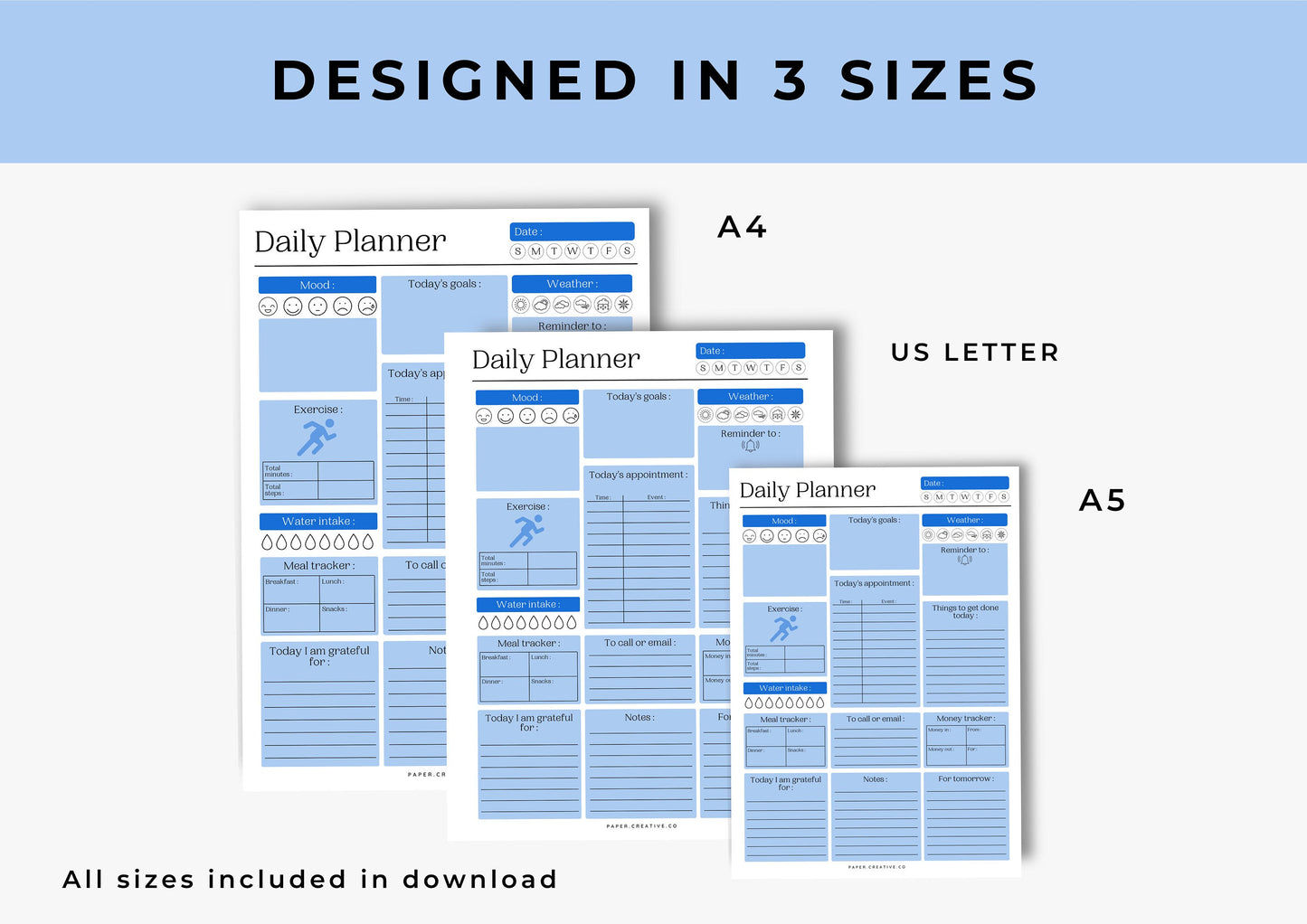 Daily Planner, Daily To Do List for Work and Home, Productivity Planner, Undated Planner, Three sizes A5 A4 and US Letter Carolina Blue