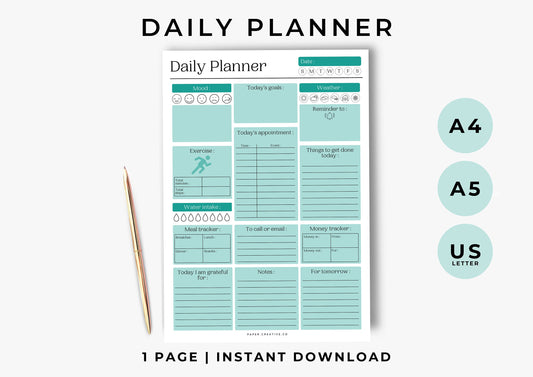 Daily Planner, Daily To Do List for Work and Home, Productivity Planner, Undated Planner, Three sizes included A5 A4 and US Letter Teal