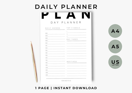 Day Planner, Daily To Do List for Work and Home, Productivity planning, Undated Planner, Three sizes A5 A4 and US Letter Bold Modern